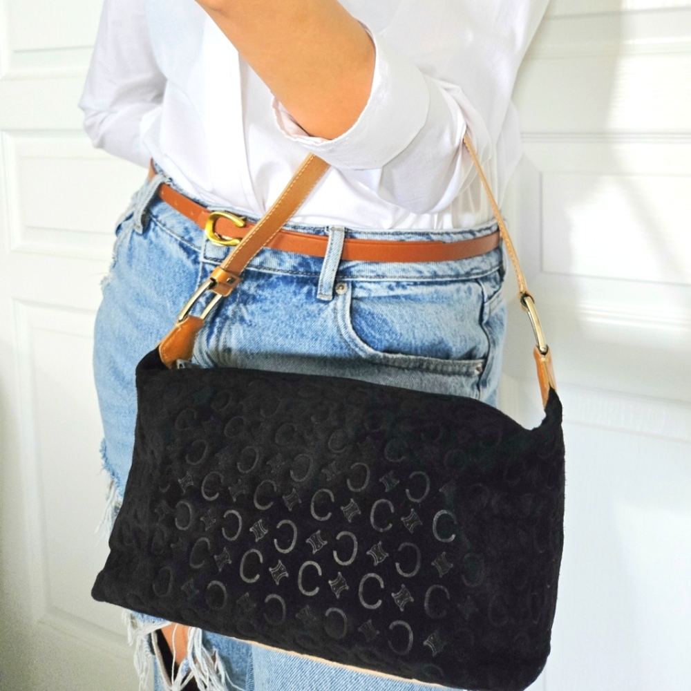 Authentic CELINE‎ Rare Suede Vintage Macadam Bag Clutch Pochette Wallet Purse